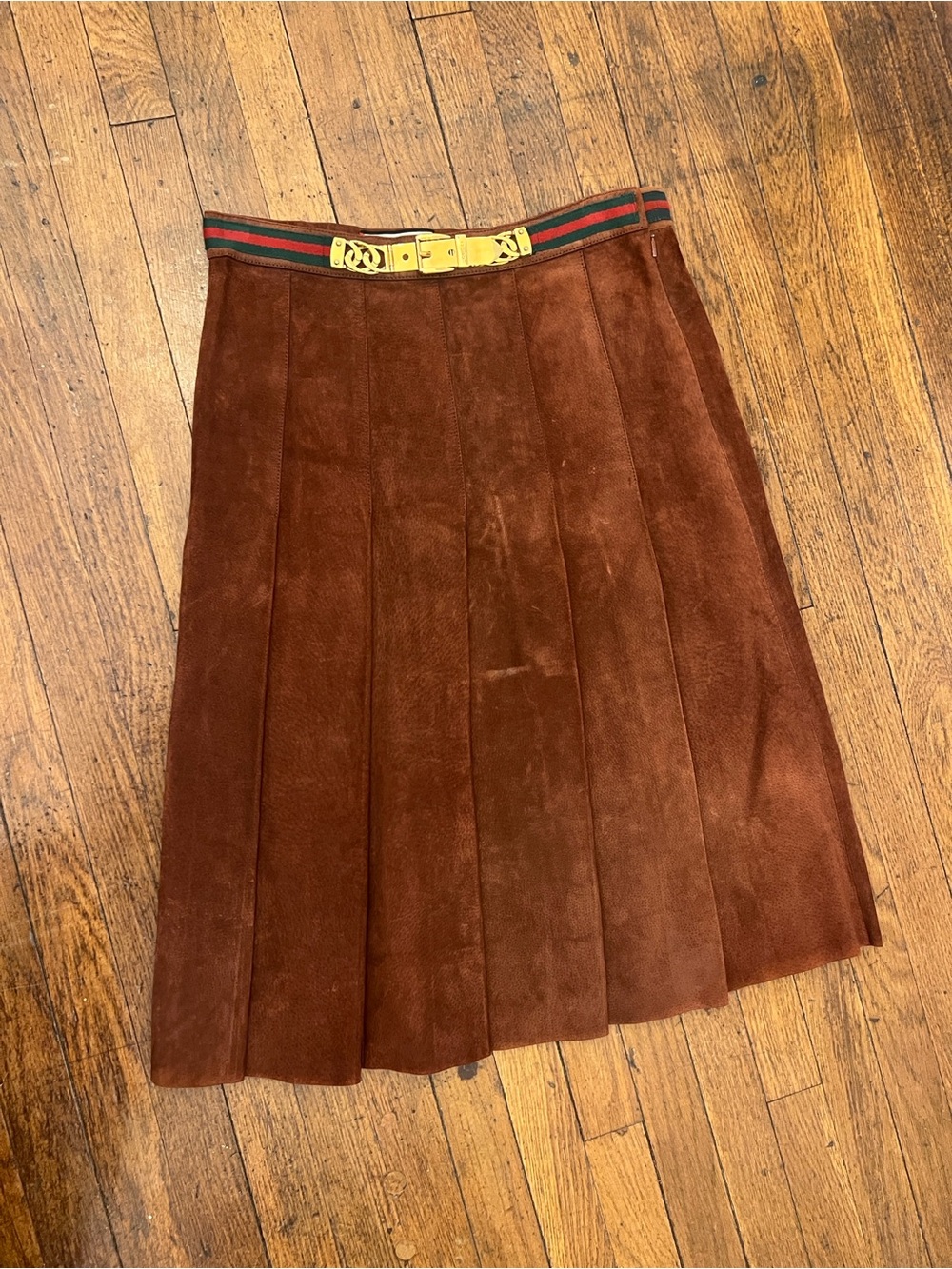 Gucci Brown Suede Pleated Midi Skirt with Signature Web Waistband